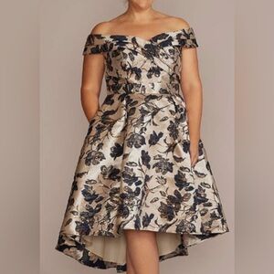 Oleg Cassini Gold and Navy Floral Off-Shoulder High-Low Dress